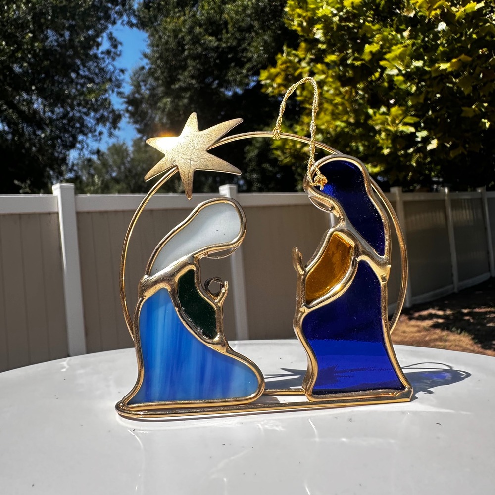 Vintage CCO Stained Glass Holy Family Nativity Christmas Suncatcher Decor‎ Gold